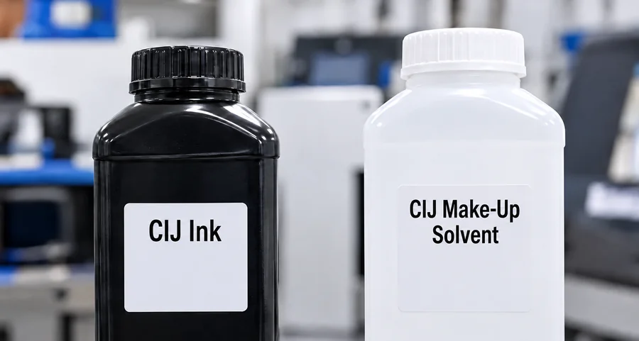 CIJ ink and make-up solvent bottles on a workshop bench