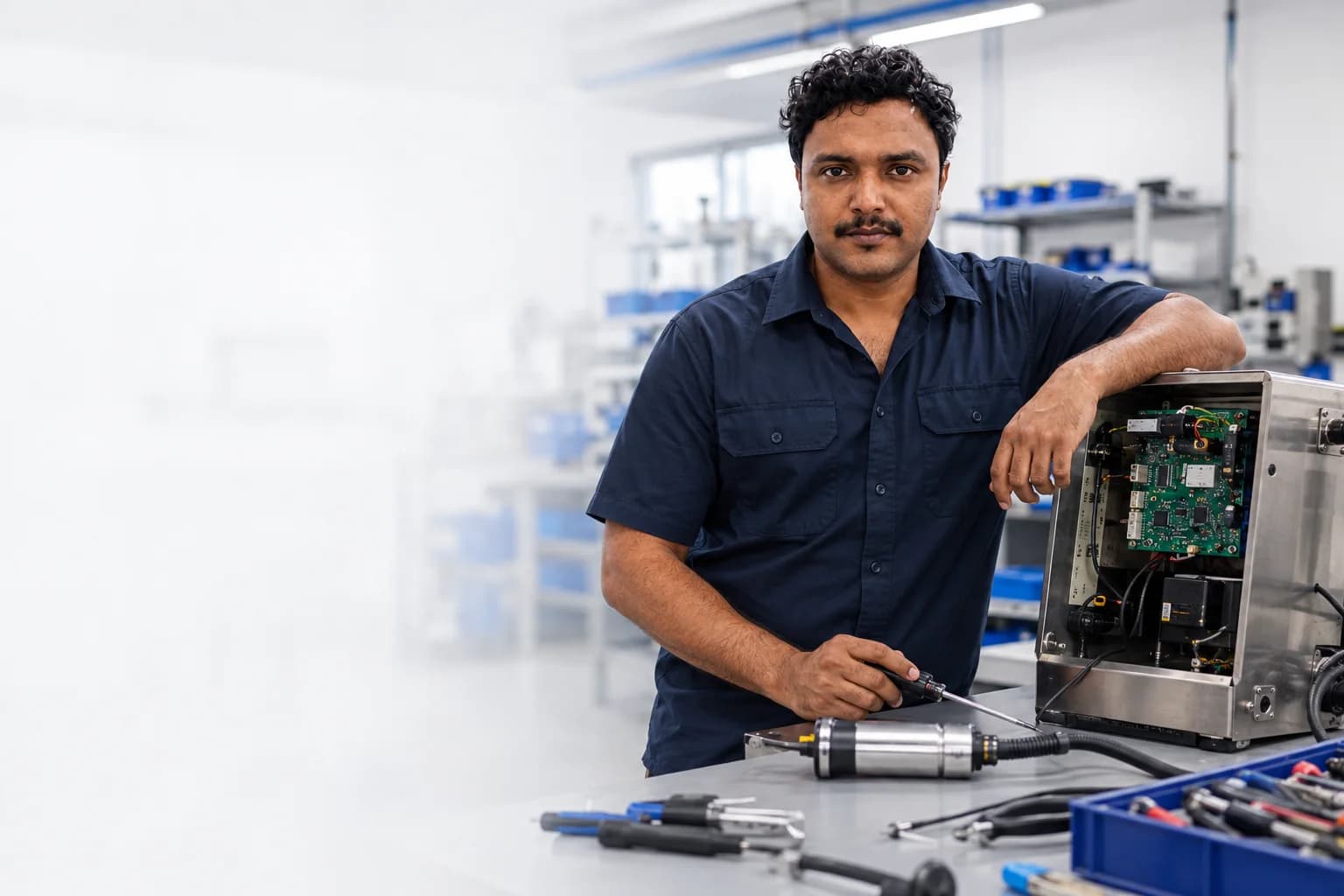 Dee, D-Macht founder and lead technician, beside an open industrial coding printer