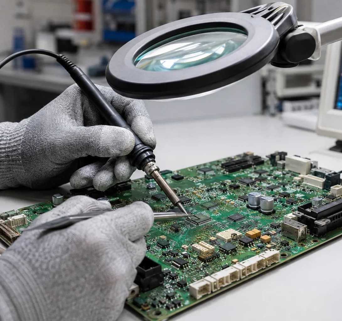 Circuit board component work under a magnifying lamp