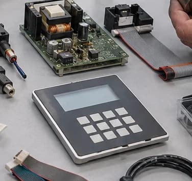Power supply circuit board, display and keypad on a workbench