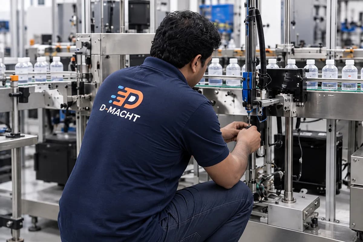 Technician in navy workwear servicing coding equipment beside a production line