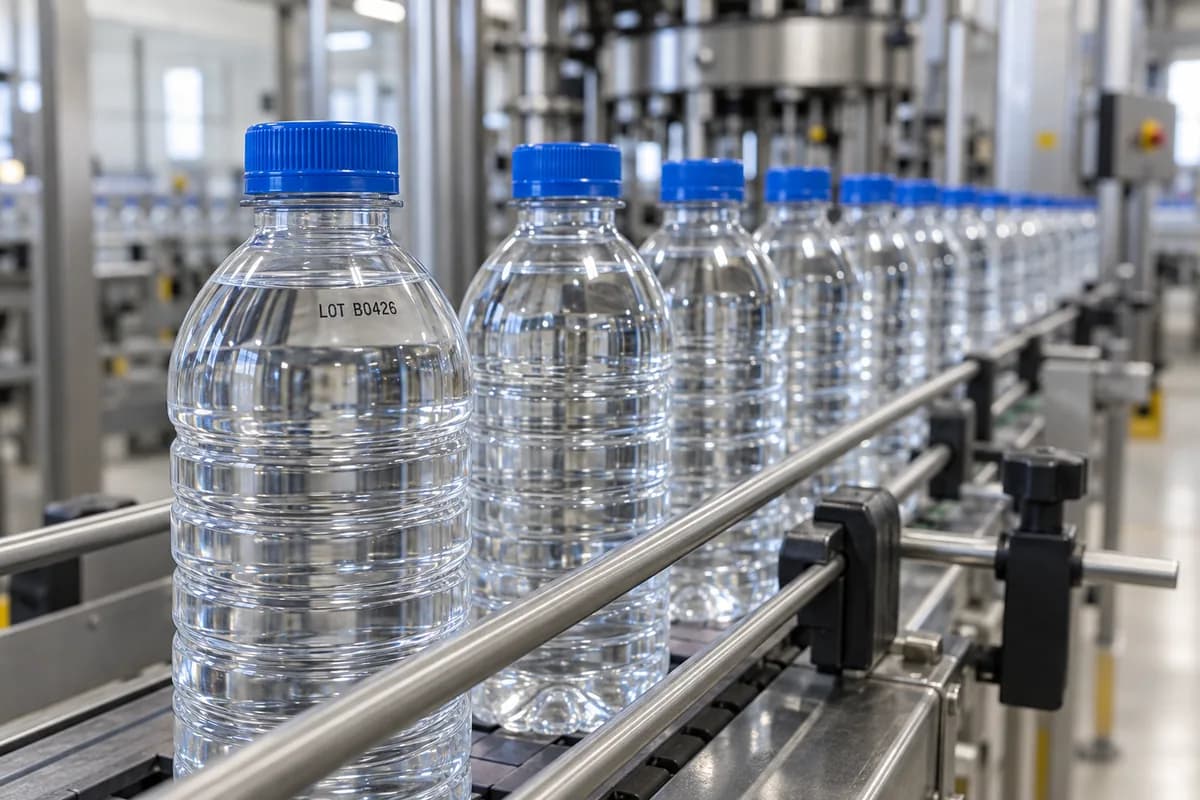Capped water bottles with lot identification moving along a beverage conveyor