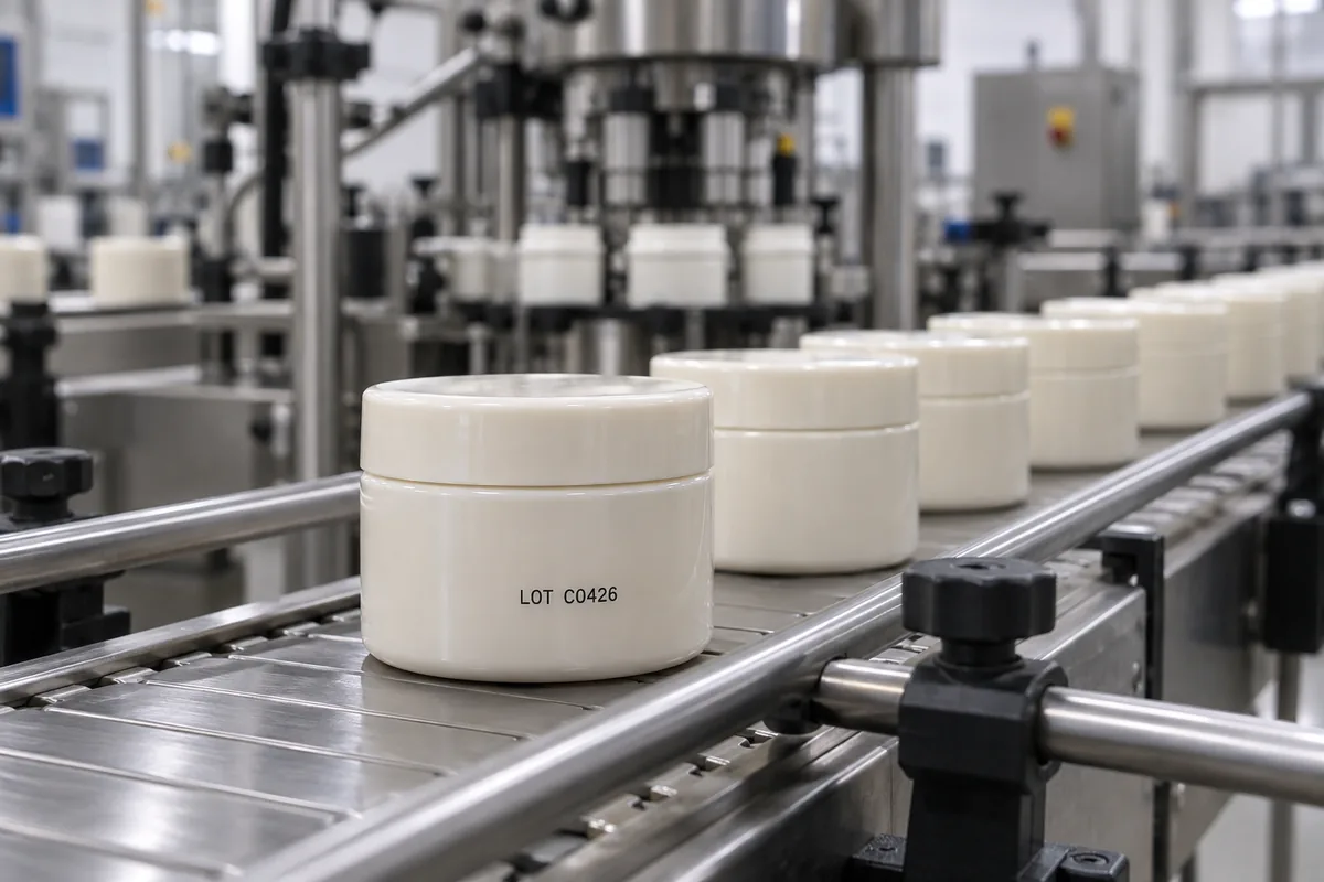 Lidded cosmetic jars with subtle lot codes moving through a packaging line
