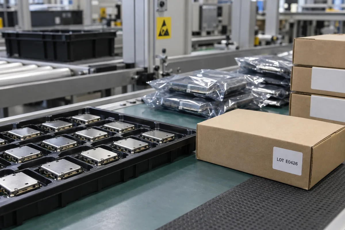 Electronic modules in protective trays beside lot-labelled component packaging