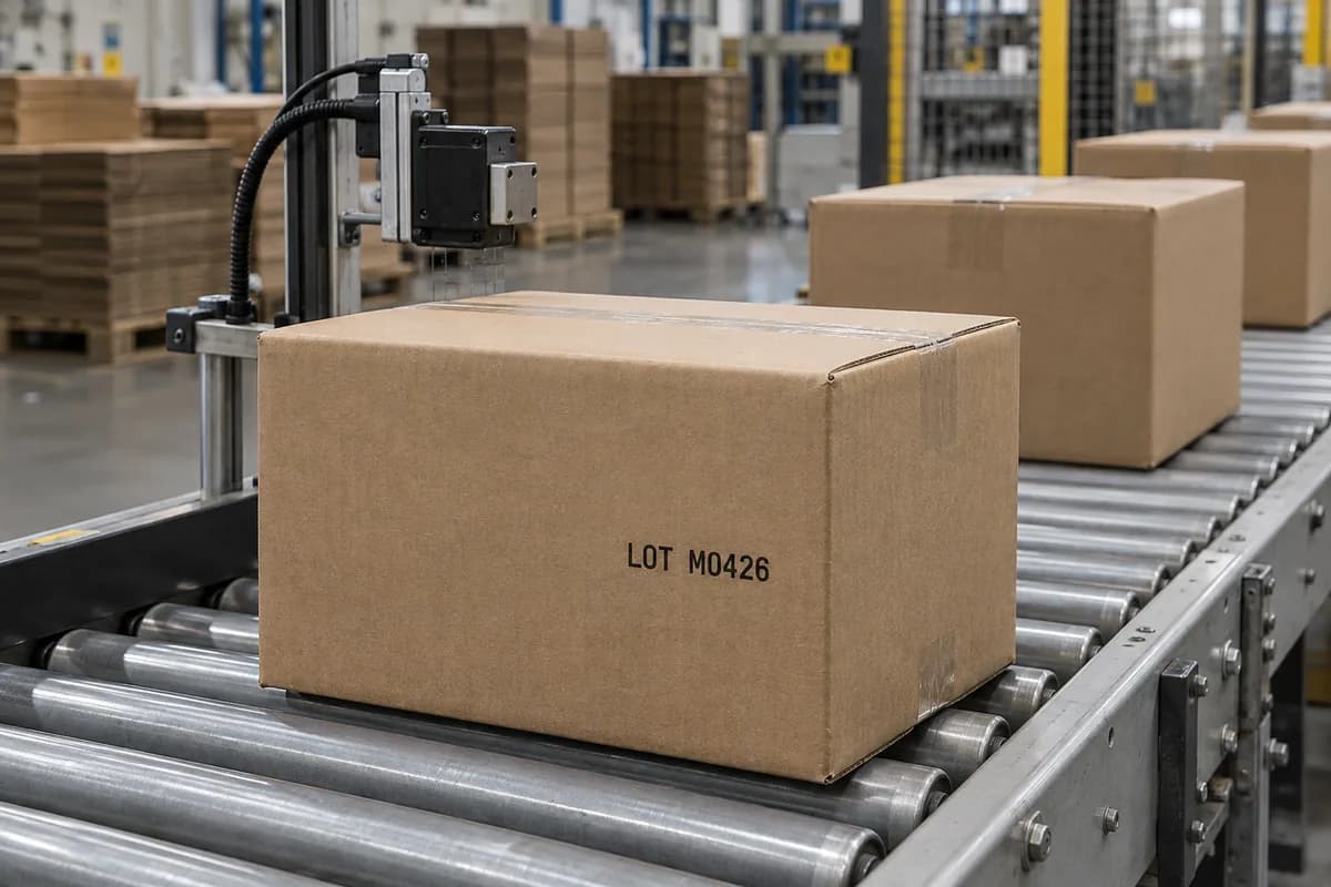 Batch-coded shipping cartons beside a printhead on a roller conveyor