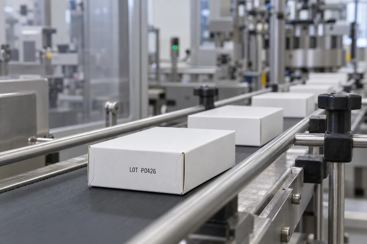 Plain pharmaceutical cartons with lot coding on a packaging line