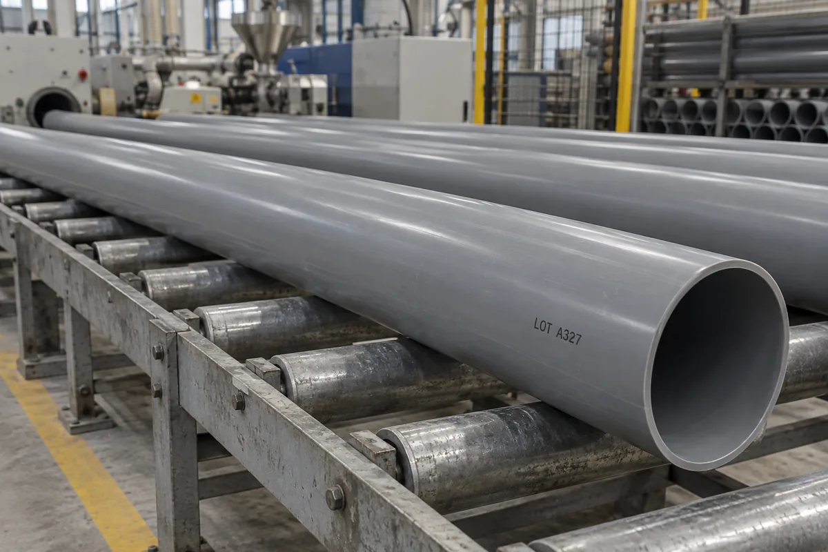 Grey PVC pipes with batch marking on industrial roller supports