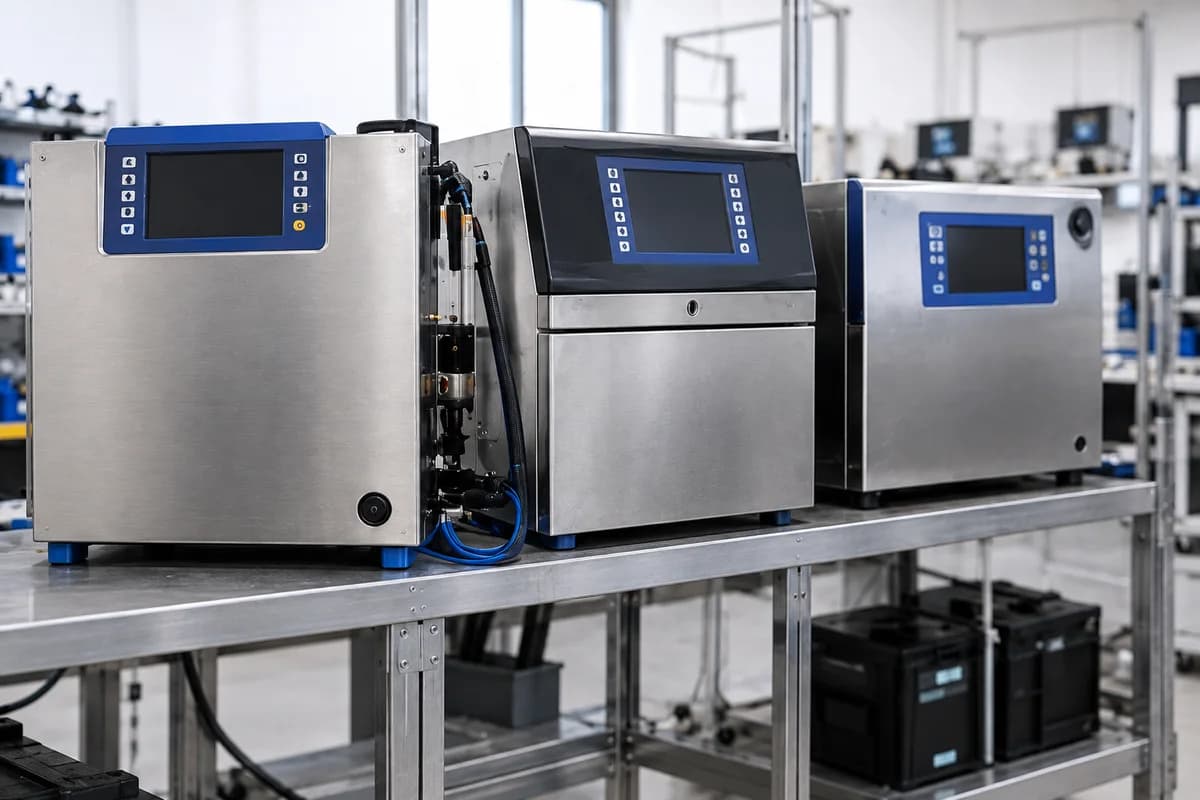 Industrial coding printer cabinets on a workshop bench