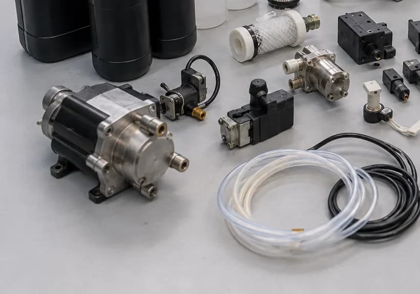 Pump, filters, valves and fluid tubing laid out for inspection